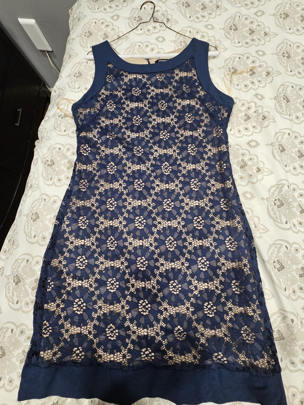 Sharagano Navy Lace Sheath Dress with Nude Lining